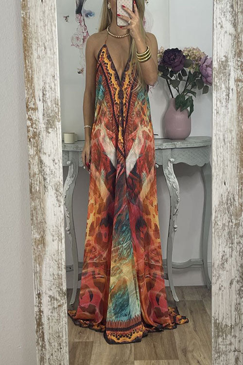 Lilliagirl  V-Neck Printed Suspender Long Dress