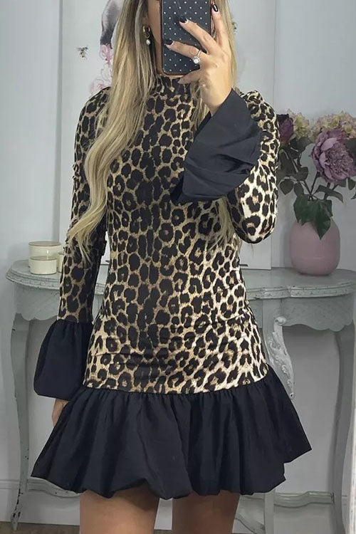 Lilliagirl Leopard Print Bell Sleeve Long Sleeve Dress