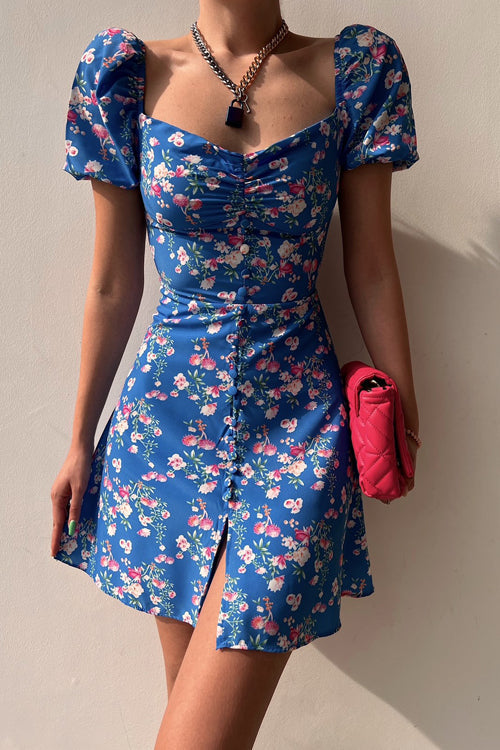 LilliagirlCovered Button Floral Puff Sleeve Dress