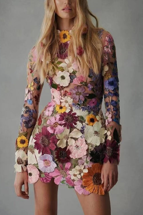 Rowanggirl Fashion Three-Dimensional Embroidery Flower Long-Sleeved Dress
