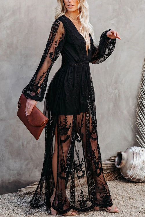 Lilliagirl V Neck Long Sleeve Solid Color Chiffon Lace Dress