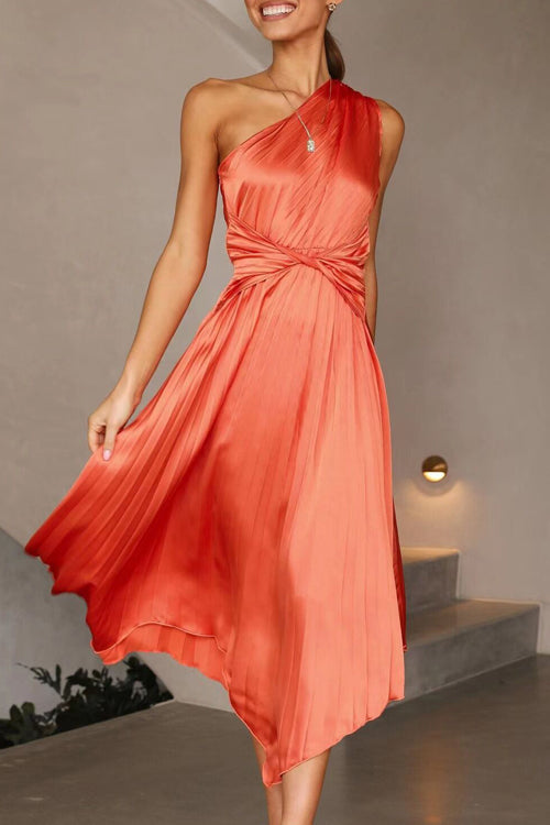 Lilliagirl Solid Color Oblique Shoulder Pleated Dress