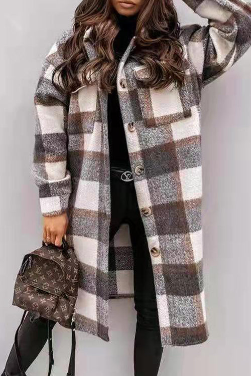 Lilliagirl Fashion Plaid Woolen Long Sleeve Coat