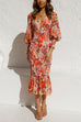 Lilliagirl Fashion Chic Printed Ruffle V Neck Long Sleeve Slim Dress