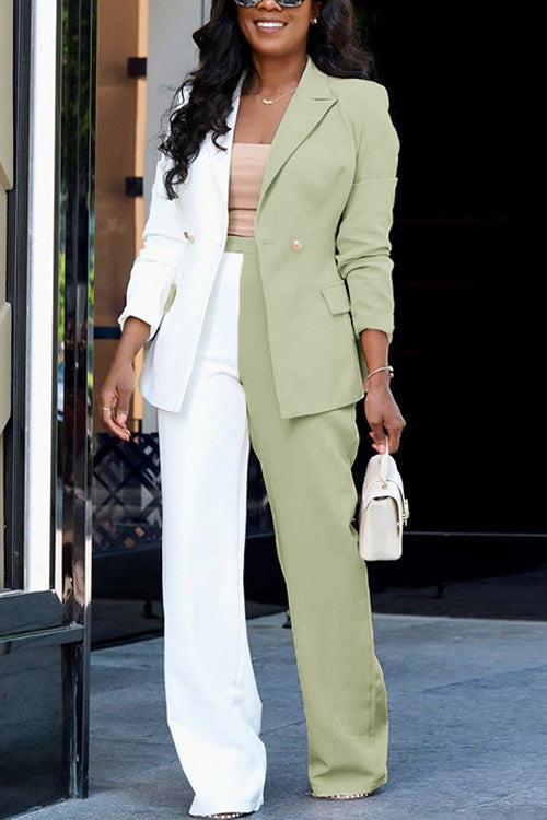 Lilliagirl Fashion Color Block Lapel Long Sleeve Pockets Slim Suit Suits