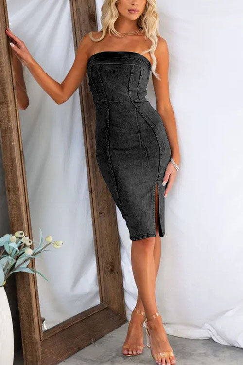 Lilliagirl Slim-Fitting Wrap-Chest High-Slit Denim Dress