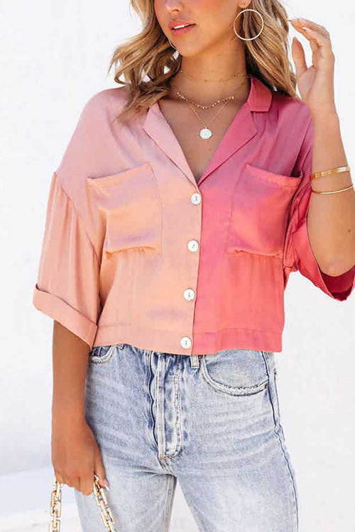 Lilliagirl Fashion Casual Contrast Lapel Three-quarter Sleeve Buttons Shirt