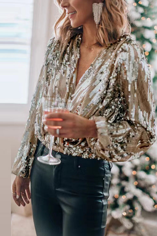Lilliagirl Fashion Chic Loose Sequins V Neck Long Sleeve Top