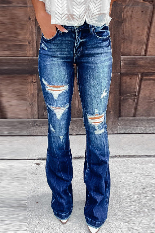 Lilliagirl Fashion Pockets Ripped Slim Flared Jeans