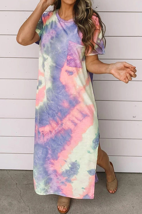 Lilliagirl Fashion Printed Short Sleeve Split Long Dress
