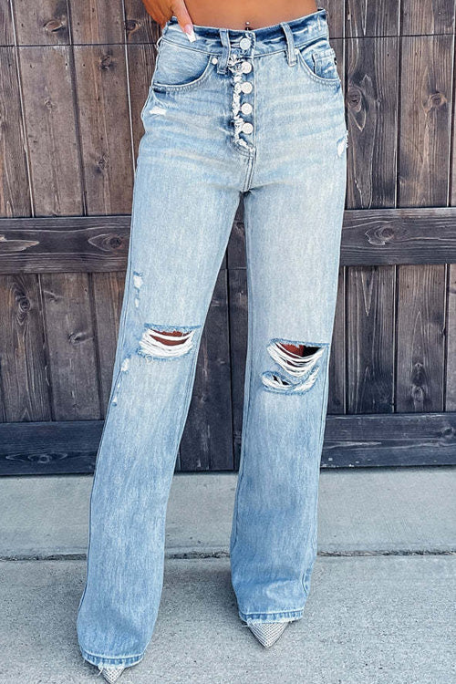 Lilliagirl Fashion Loose Ripped Pockets Buttons Jeans