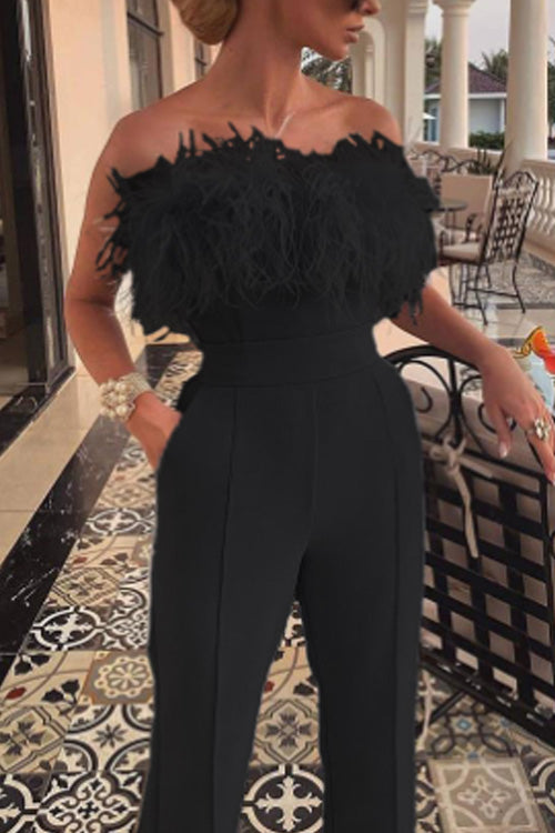 Lilliagirl Chic Solid Feather Off Shoulder Sleeveless Slim Jumpsuit