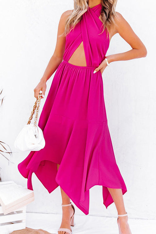 Lilliagirl Fashion Solid Halter Sleeveless Backless Slim Dress