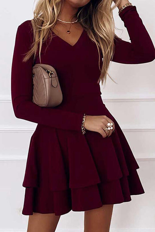 Lilliagirl Fashion Chic Solid V Neck Long Sleeve Party Dress
