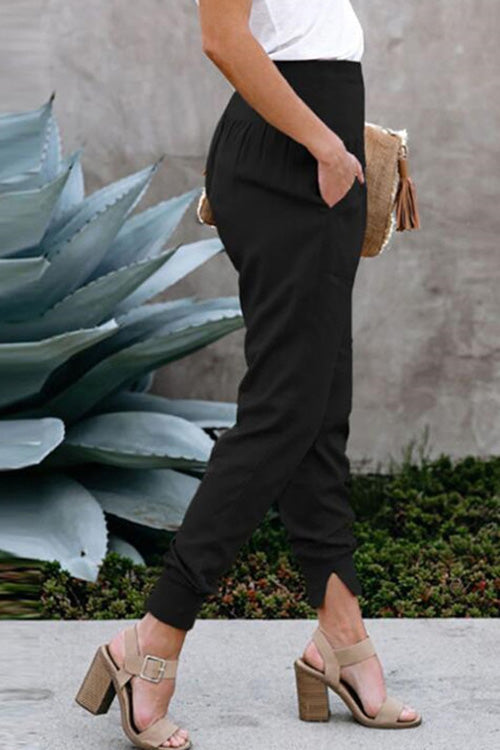 Lilliagirl Fashion Solid Elastic Waist Pockets Split Slim Pants