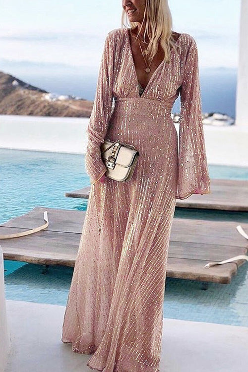 Lilliagirl Chic Sequins V Neck Long Sleeve Long Party Dress