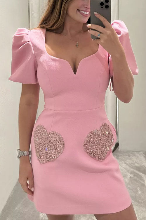 Lilliagirl V-Neck Pink Puff Sleeve Sequin Dress