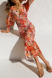 Lilliagirl Fashion Chic Printed Ruffle V Neck Long Sleeve Slim Dress