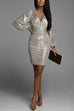 Lilliagirl Fashion Sequins V Neck Puff Sleeve Slim Warp Dress