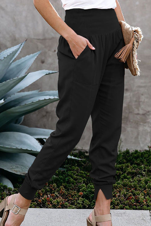 Lilliagirl Fashion Solid Elastic Waist Pockets Split Slim Pants