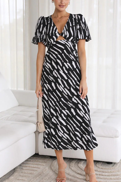 Lilliagirl Fashion Printed V Neck Short Sleeve Slim Mid-length Dress
