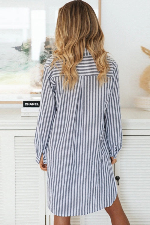 Lilliagirl Fashion Casual Stripe Lapel Long Sleeve Buttons Loose Shirt Dress