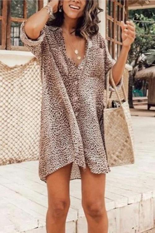 Lilliagirl Leopard Casual Loose Shirt Dress