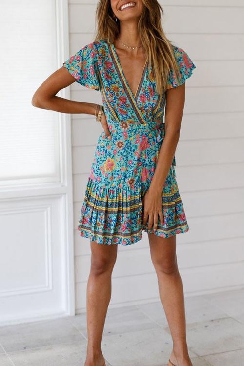 Lilliagirl V-neck Bohemian Printing Mini Dress